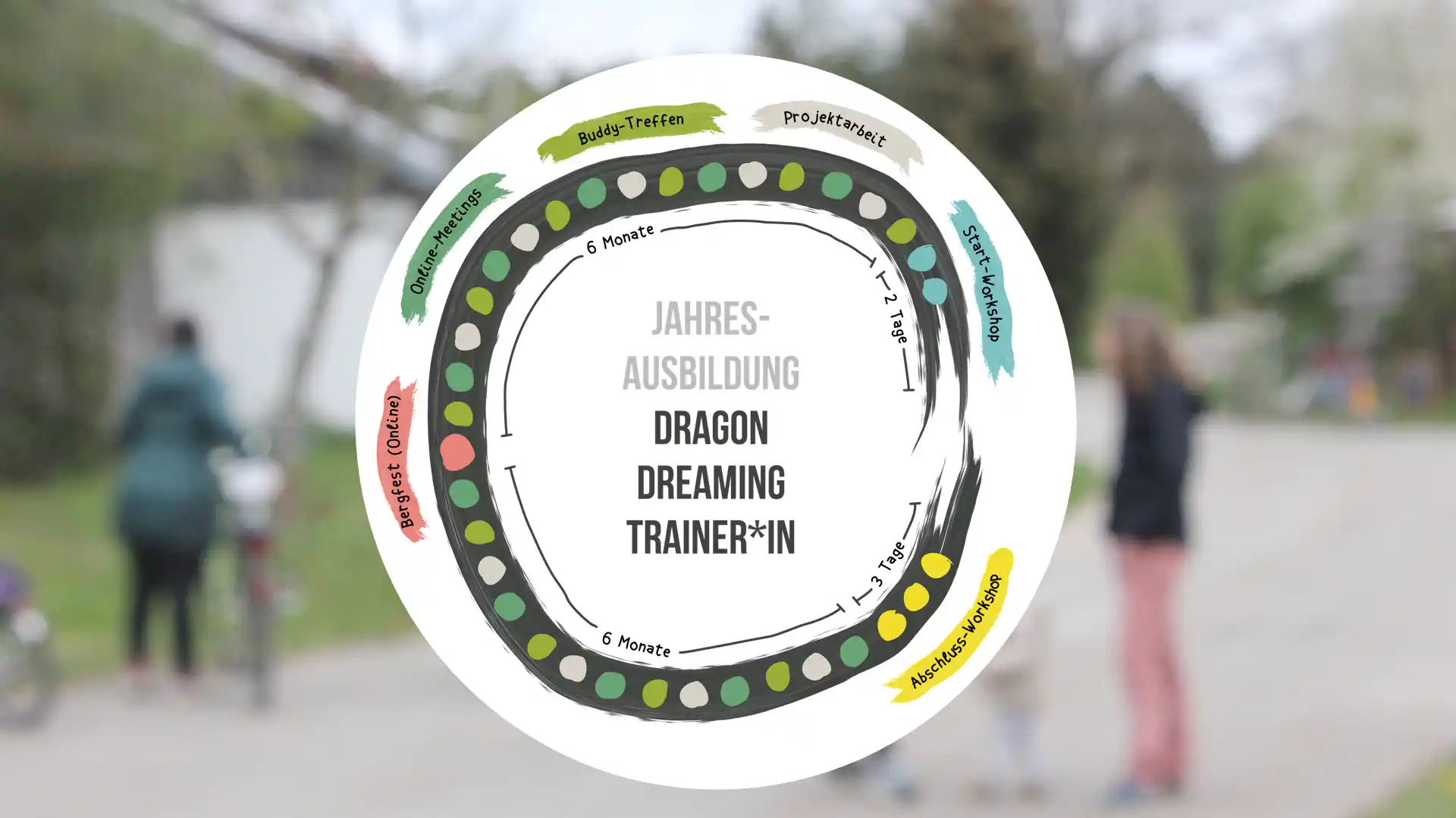 Grafik: Ablauf der Jahresausbildung zum/zur Dragon Dreaming Trainer*in